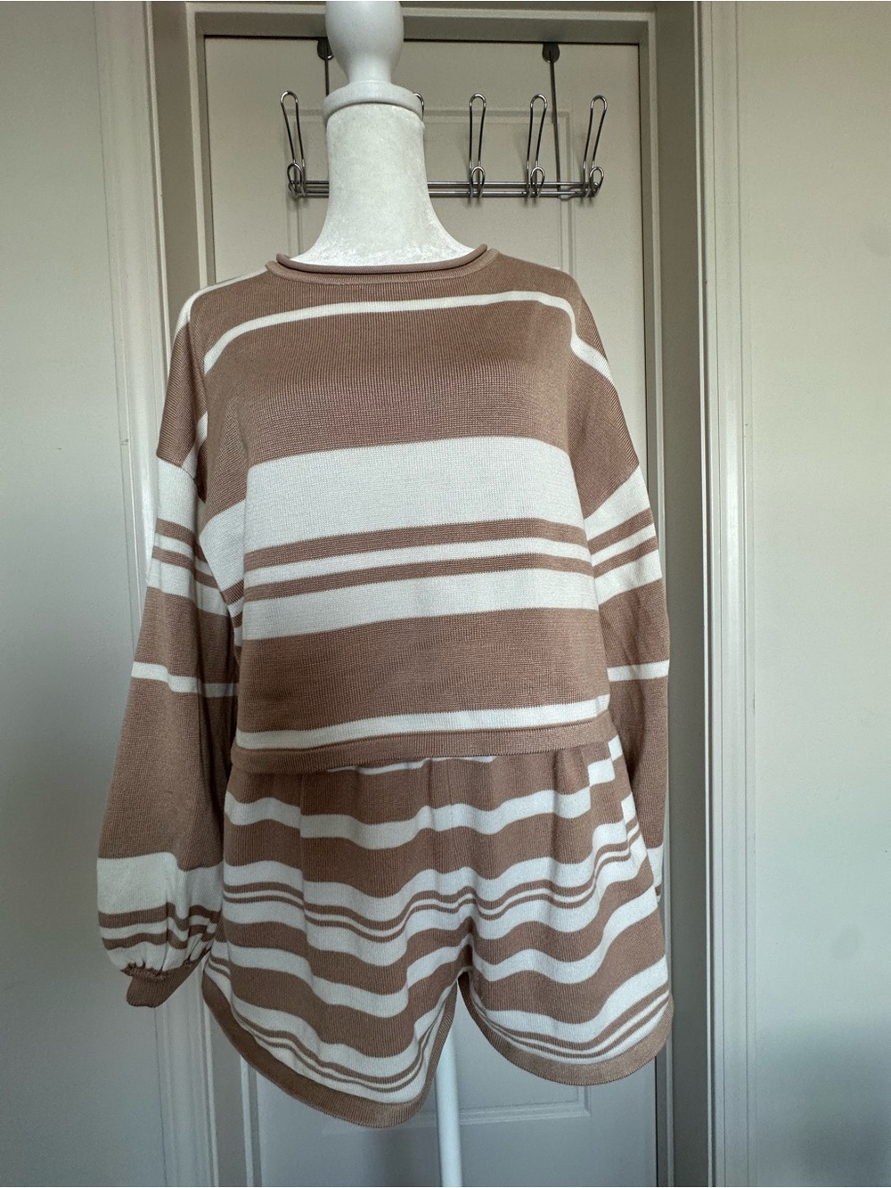 Striped Knit Lounge Set in Beige and White